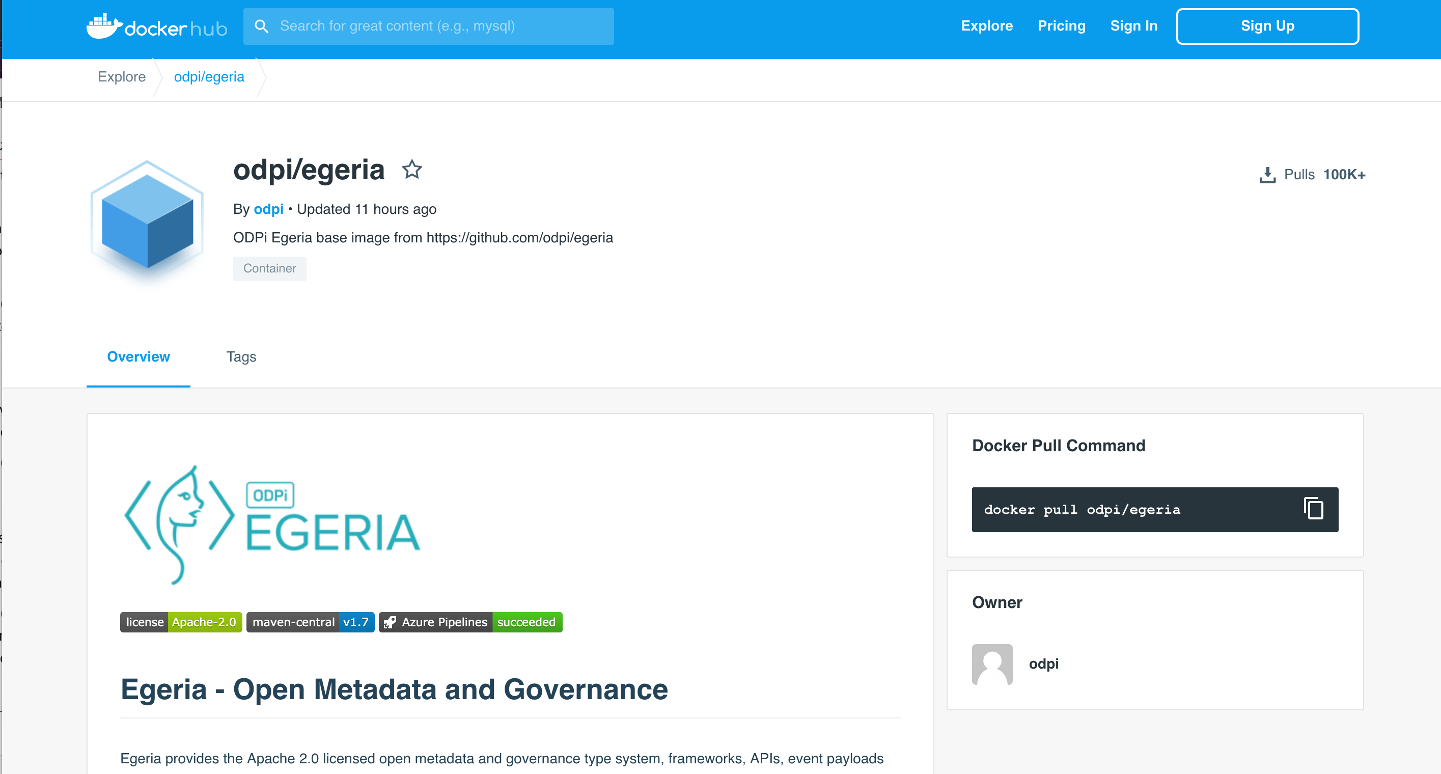 Egeria Docker Page Overview Tab